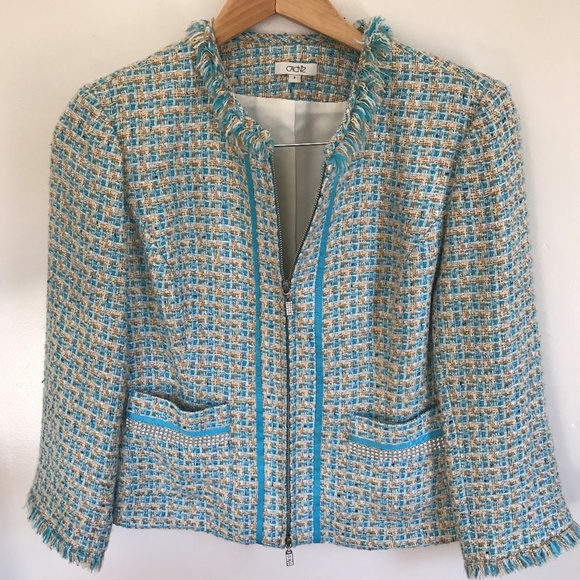 LUXURY: Chanel-style Jacket Blue/Tan/White Tweed! HOST PICK! - Picture 1 of 6